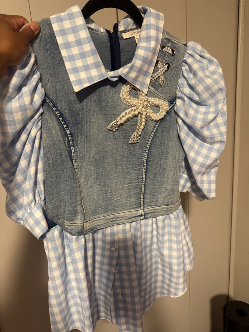 Pastel Blue Gingham Dress with Denim Bodice & Pearl Bow